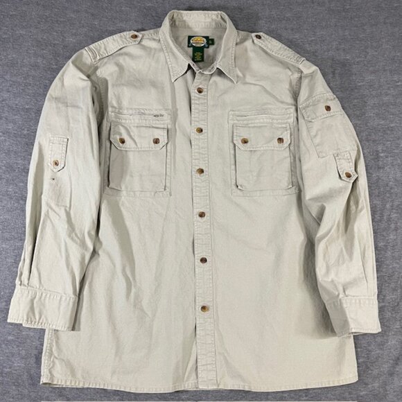 Cabela's Men's XL Safari Button Up Zip Pockets Utility Shirt Hunting Tan Roll up - Picture 1 of 10